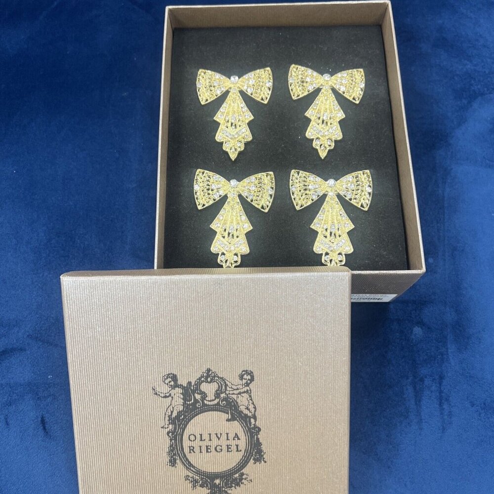 Olivia Riegel Gold Bow Napkin Rings (Set of 4) W/ Crystals. Impress Your Guests!
